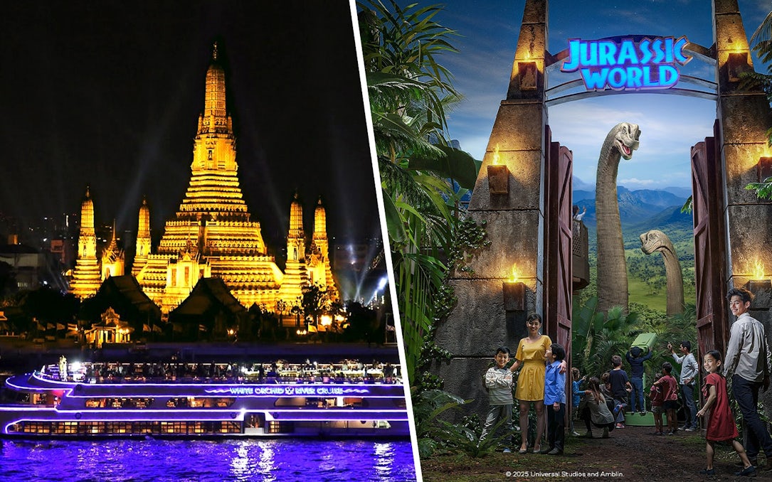 White Orchid River Cruise boat at night with Wat Arun temple illuminated in Bangkok.