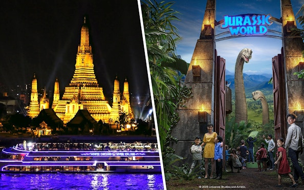 White Orchid River Cruise boat at night with Wat Arun temple illuminated in Bangkok.