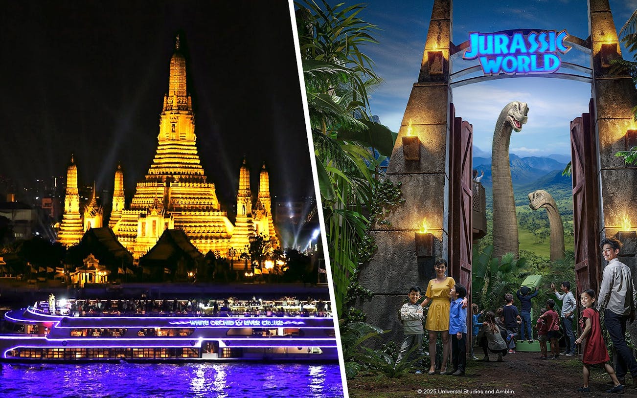 White Orchid River Cruise boat at night with Wat Arun temple illuminated in Bangkok.