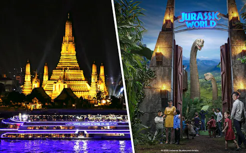 White Orchid River Cruise boat at night with Wat Arun temple illuminated in Bangkok.
