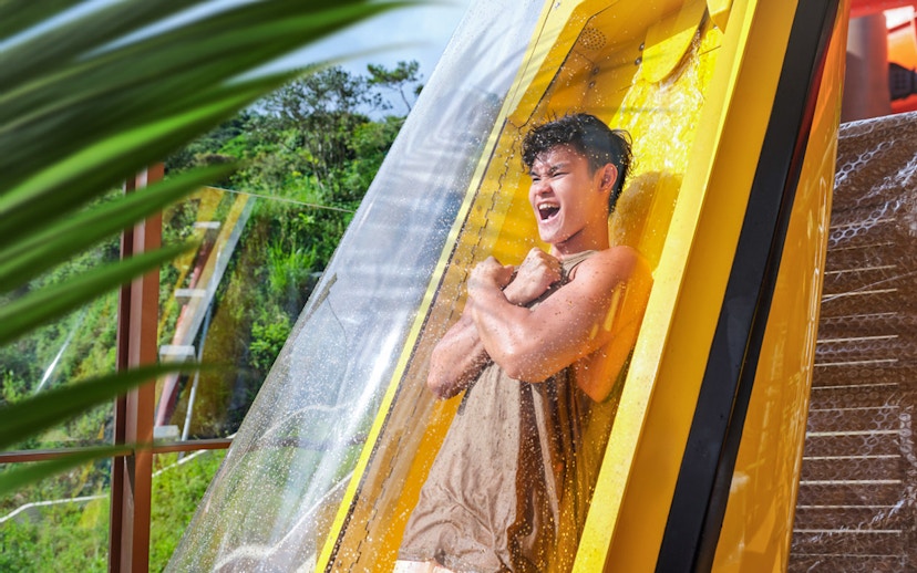 Person enjoying a water slide at Ocean Park with lush greenery in the background.