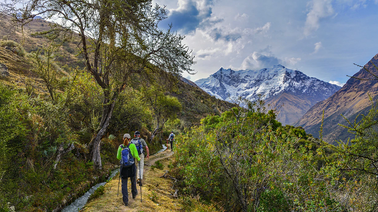 Hikers on Salkantay Mountain trek towards Machu Picchu, Peru.