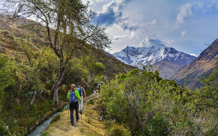 Hikers on Salkantay Mountain trek towards Machu Picchu, Peru.