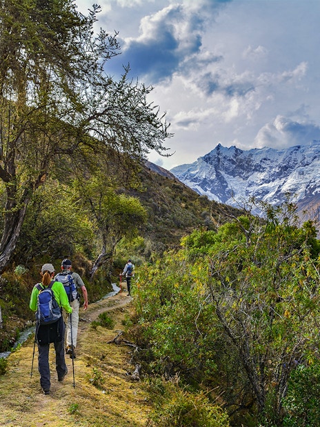 Hikers on Salkantay Mountain trek towards Machu Picchu, Peru.