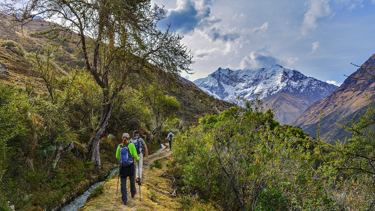 Hikers on Salkantay Mountain trek towards Machu Picchu, Peru.