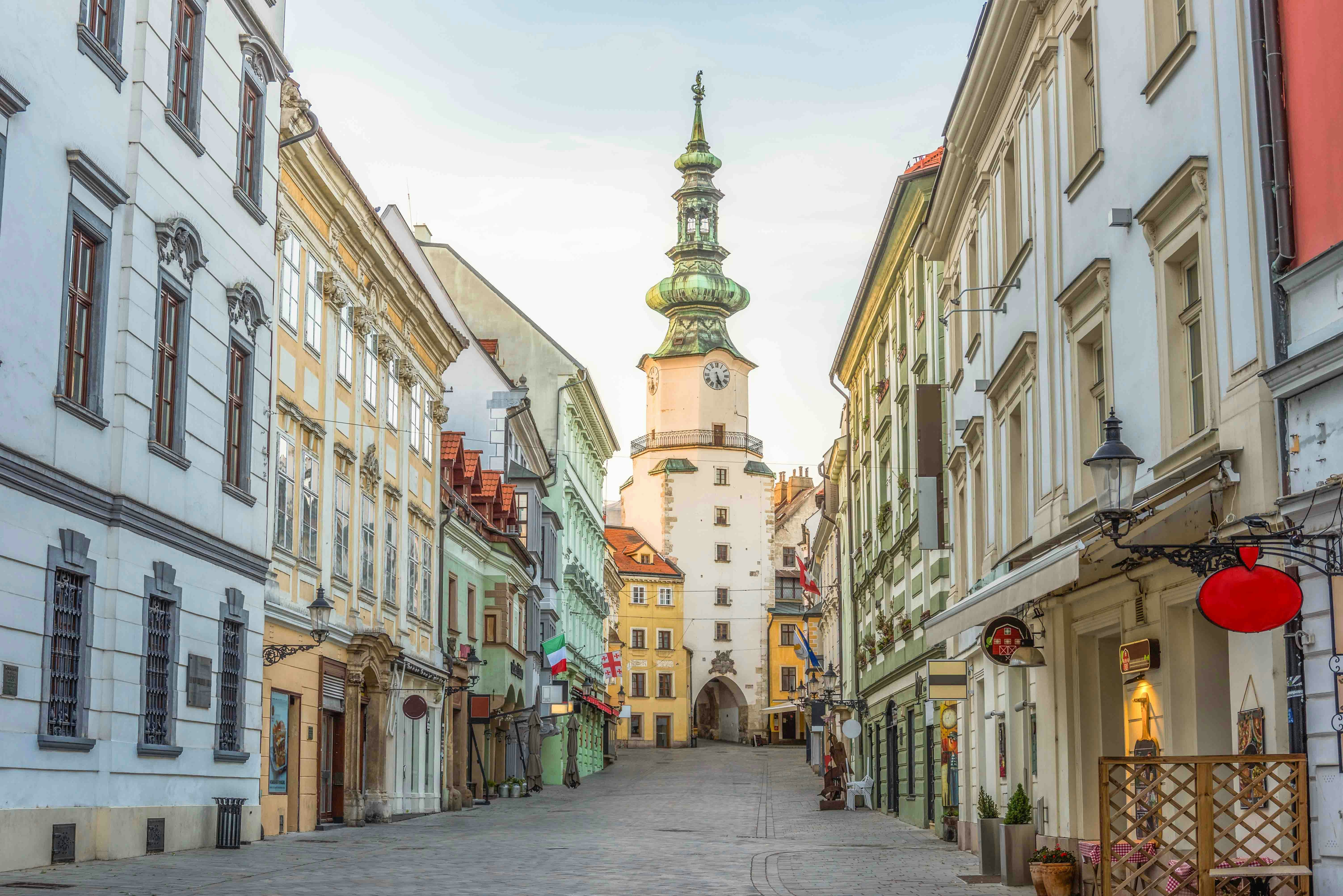 Michael's Gate in Bratislava, Slovakia, historic medieval tower with city view.