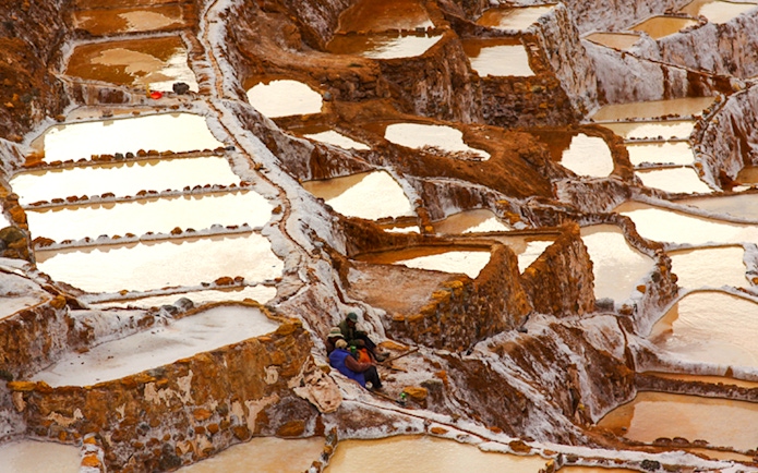 Terraced salt ponds at Maras Salt Mines in the Sacred Valley, near Cusco, Peru.