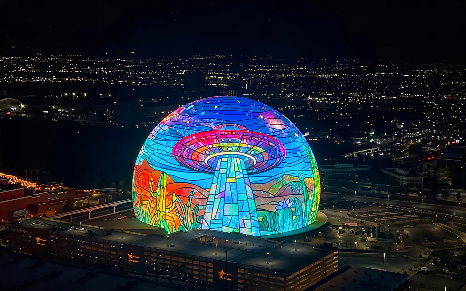 The Sphere illuminated with colorful patterns, view from High Roller, Las Vegas.