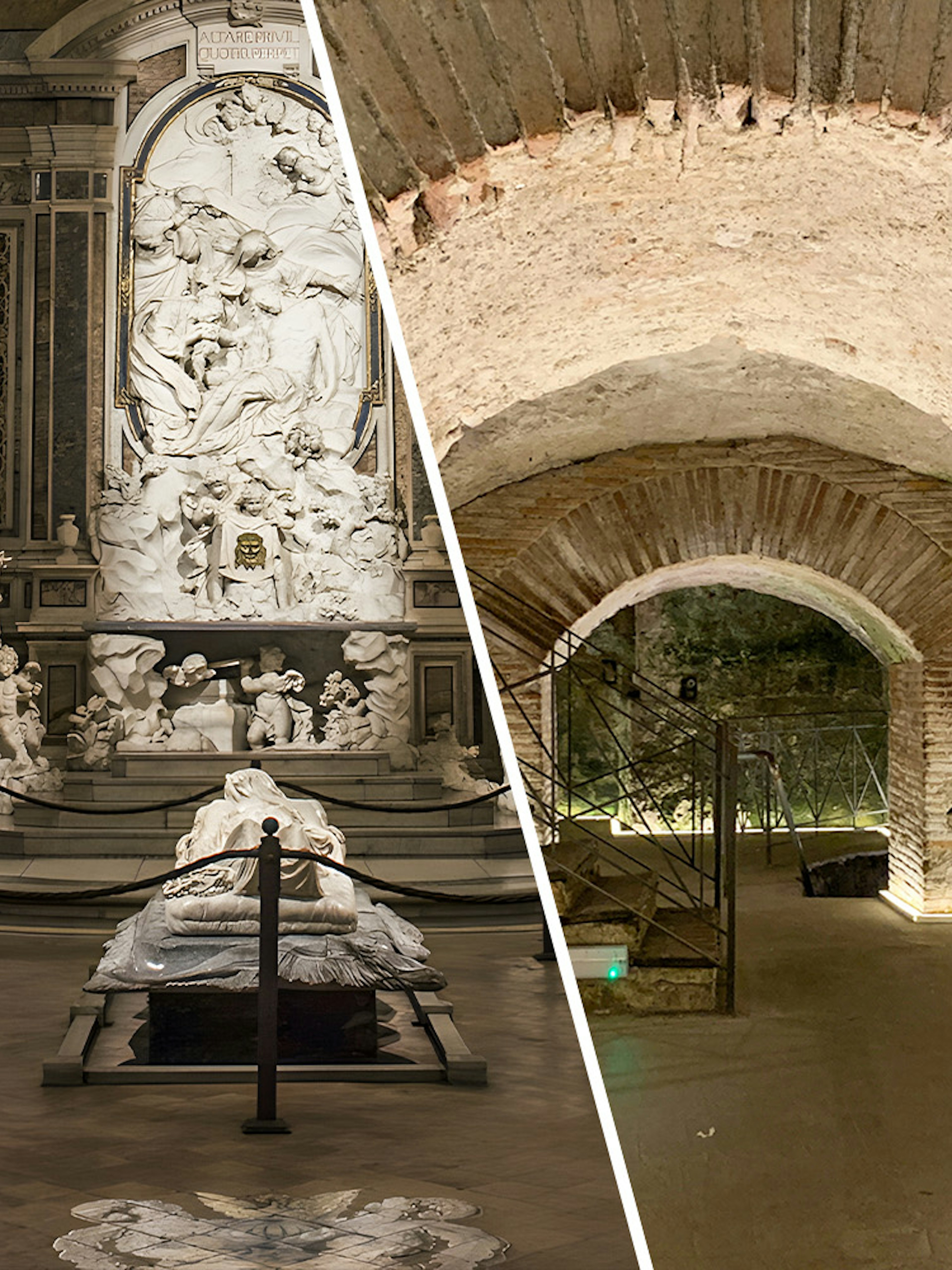 Veiled Christ sculpture and Napoli Sotterranea underground passage in Naples.