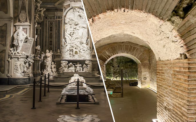 Veiled Christ sculpture and Napoli Sotterranea underground passage in Naples.
