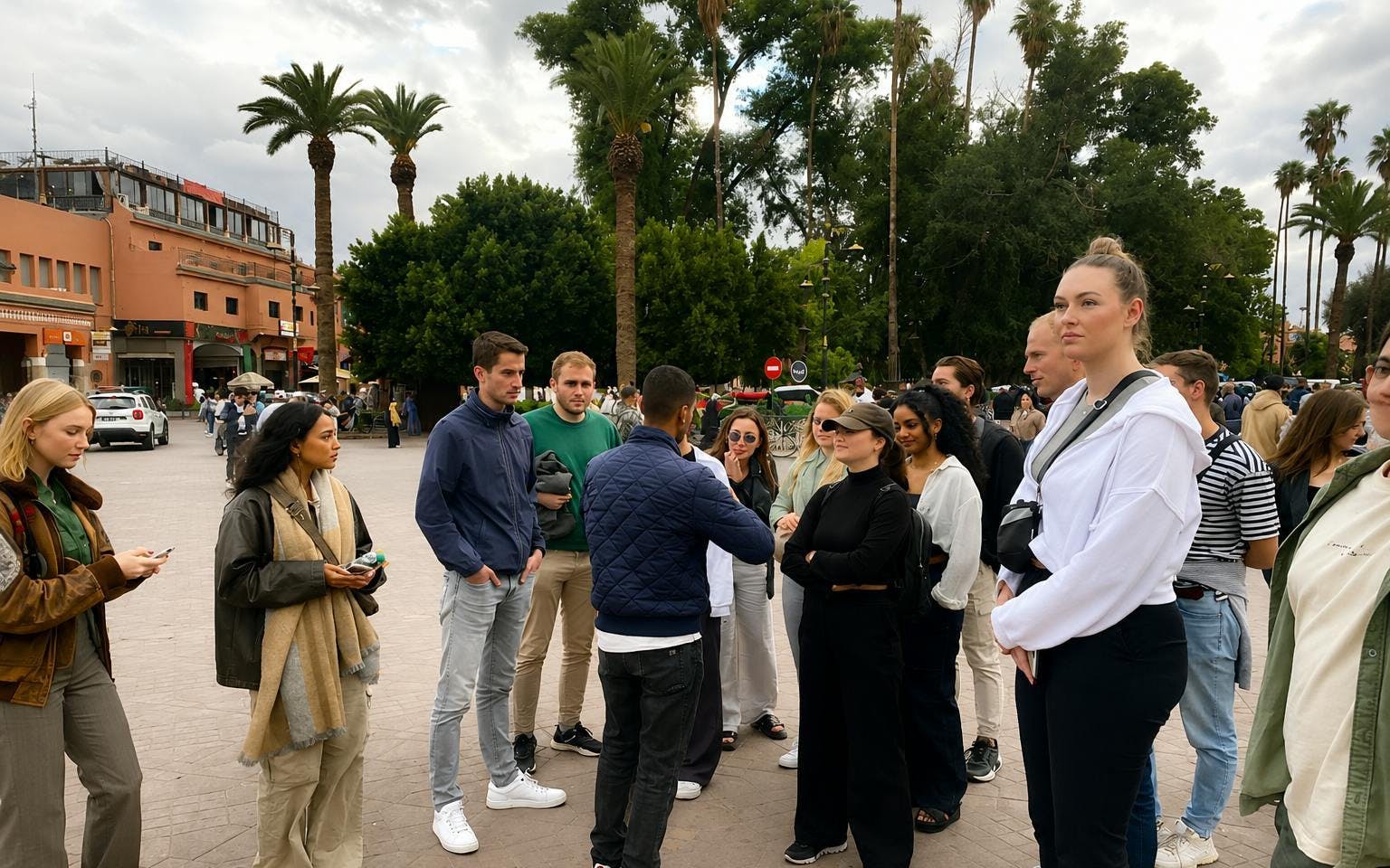 Tour group in Marrakech Medina with guide, surrounded by palm trees and traditional buildings.