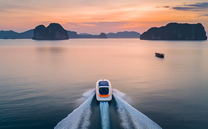 Speedboat cruising at sunrise near Phi Phi Islands, Thailand.