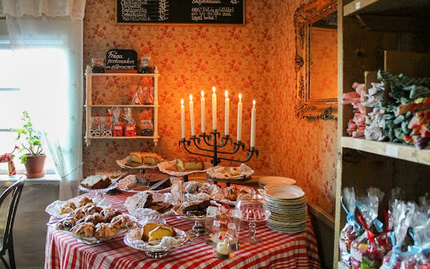 Traditional Swedish pastries on display at Skansen Open-Air Museum café in Stockholm.