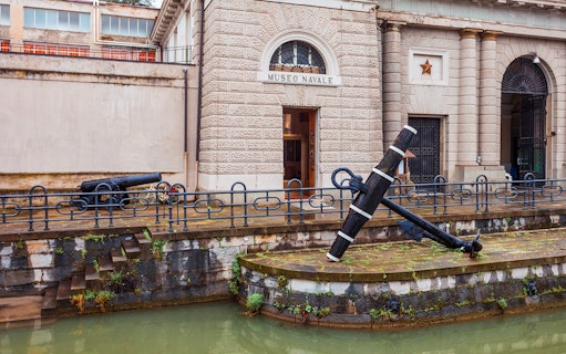 Museo Navale entrance with anchor and cannon in Cinque Terre, Italy.