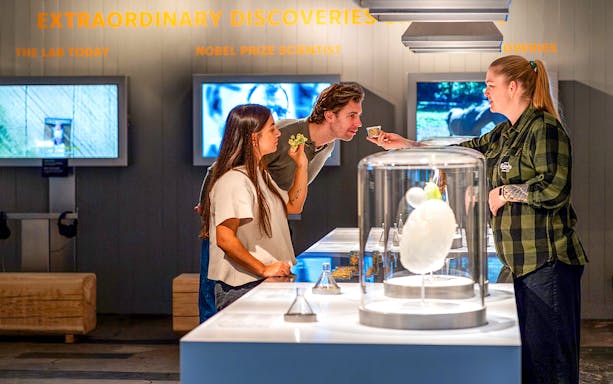 Guests engaging with exhibits inside the Home of Carlsberg museum.