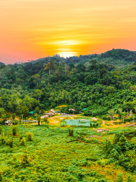 Aerial view of Phuket Elephant Care surrounded by lush green forest at sunset.