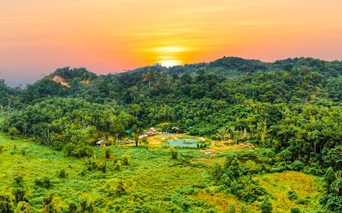 Aerial view of Phuket Elephant Care surrounded by lush green forest at sunset.