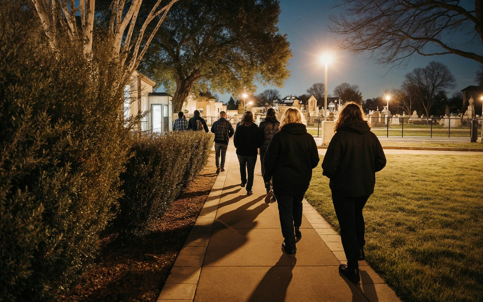 Tour group walking through a cemetery at night on a haunted bus tour.