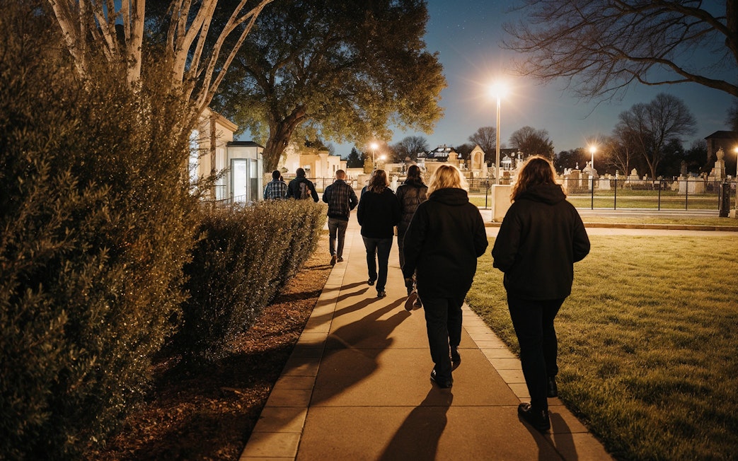 Tour group walking through a cemetery at night on a haunted bus tour.
