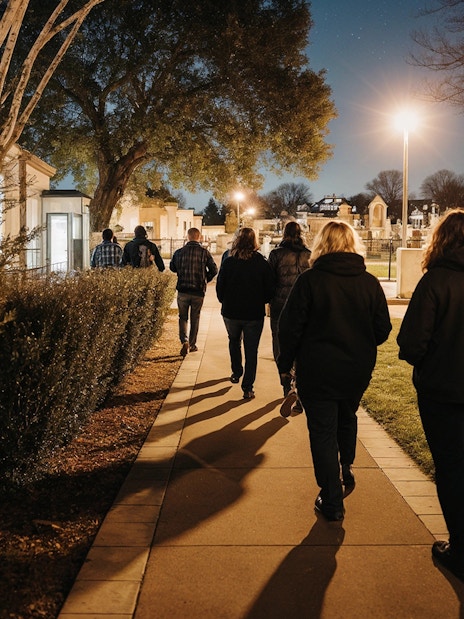 Tour group walking through a cemetery at night on a haunted bus tour.