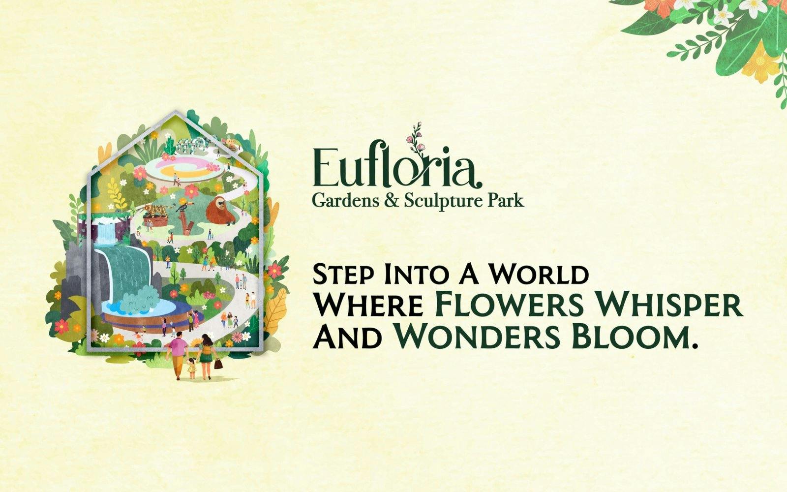 Eufloria Gardens & Sculpture Park illustration with pathways, waterfall, and visitors.