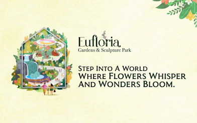 Eufloria Gardens & Sculpture Park illustration with pathways, waterfall, and visitors.