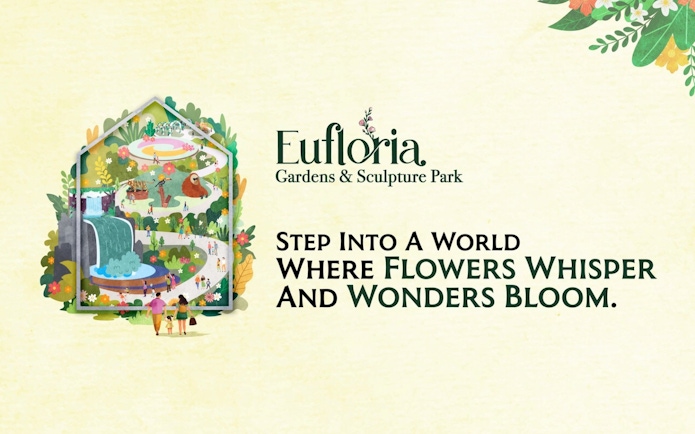 Eufloria Gardens & Sculpture Park illustration with pathways, waterfall, and visitors.