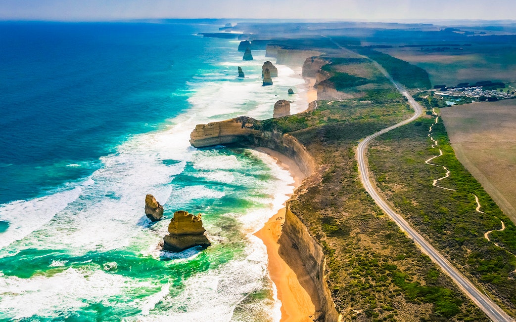 Aerial view of the Twelve Apostles along the Great Ocean Road, Australia.