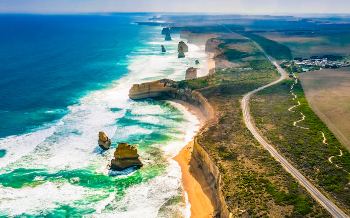 Aerial view of the Twelve Apostles along the Great Ocean Road, Australia.