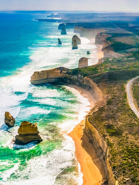 Aerial view of the Twelve Apostles along the Great Ocean Road, Australia.