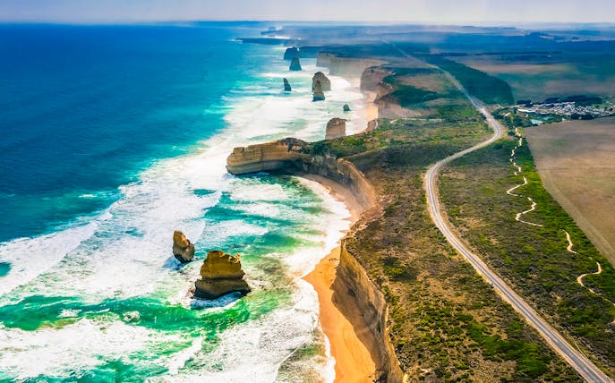 Aerial view of the Twelve Apostles along the Great Ocean Road, Australia.