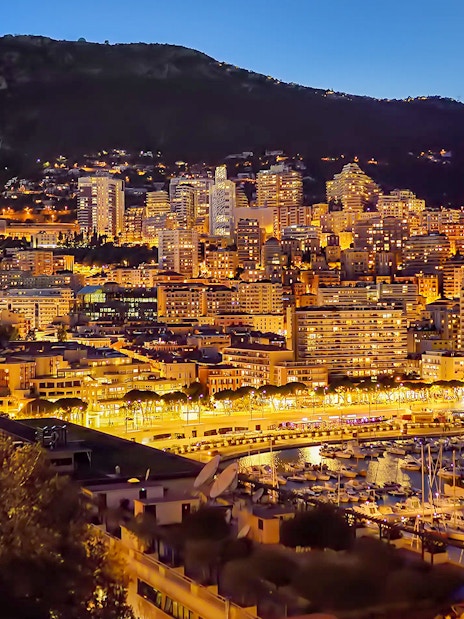Monaco skyline at night with illuminated buildings and marina, viewed from Nice.