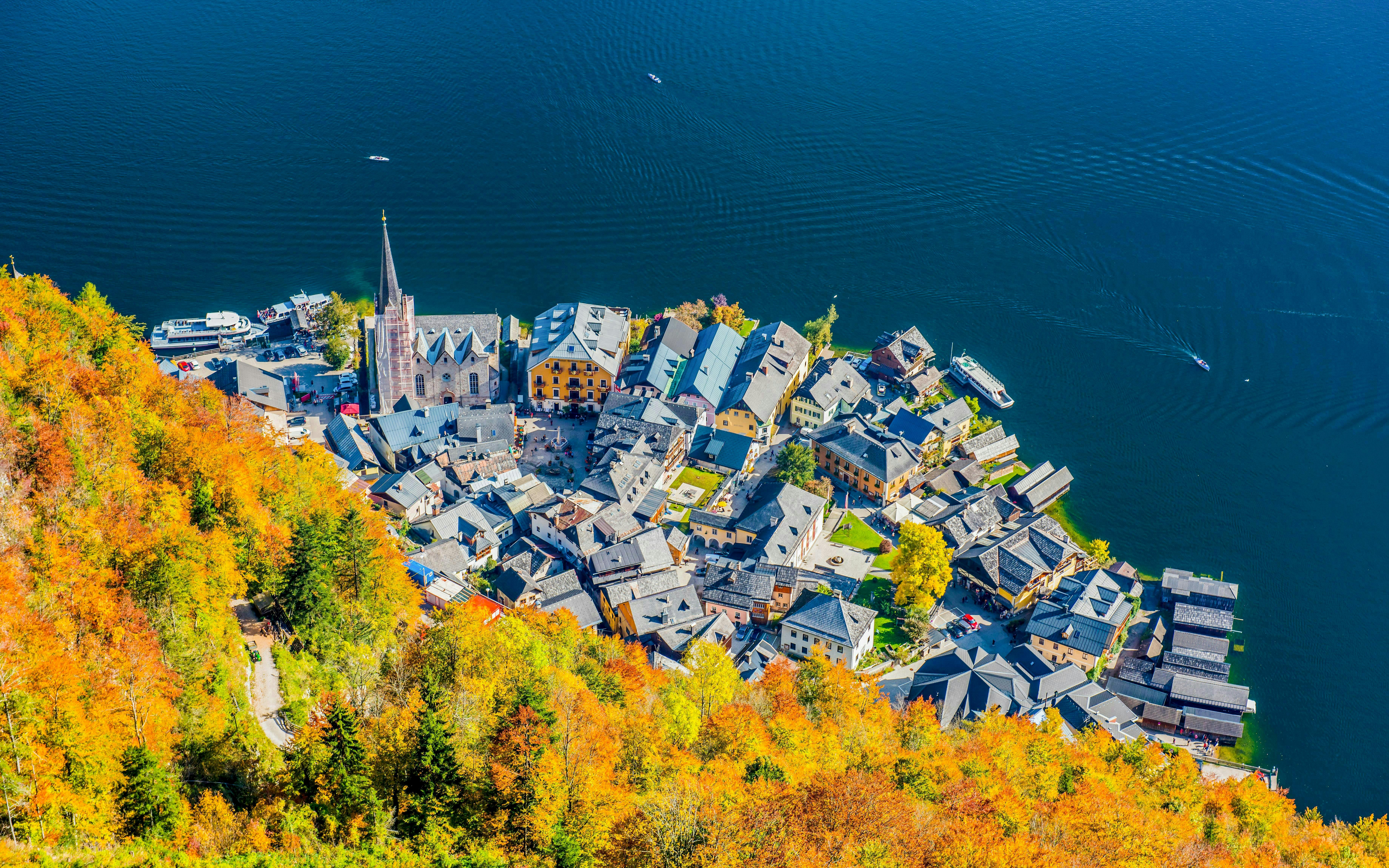 Aerial view of Hallstatt village and lake from Skywalk Lift, Austria.