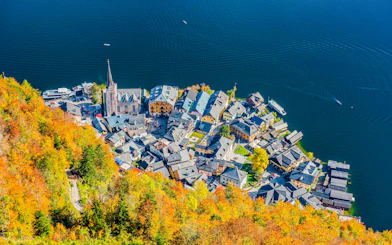 Aerial view of Hallstatt village and lake from Skywalk Lift, Austria.
