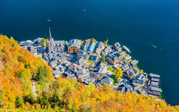 Aerial view of Hallstatt village and lake from Skywalk Lift, Austria.