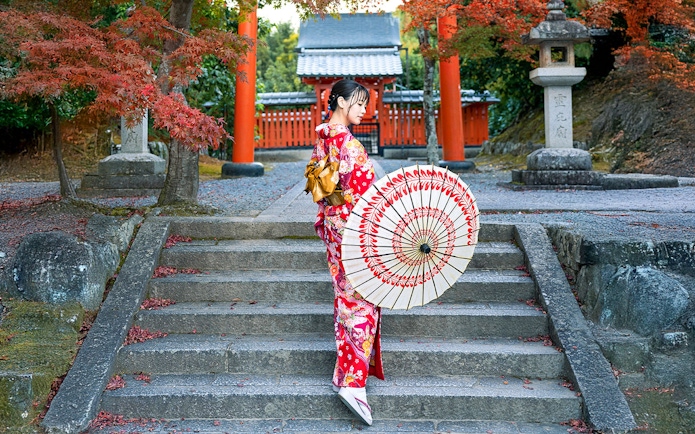 Woman in kimono holding parasol in Kyoto Arashiyama.