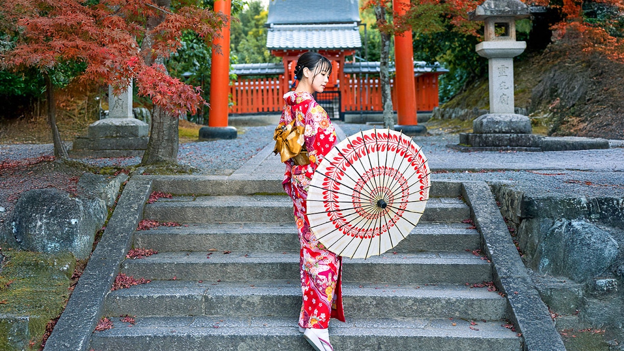 Woman wearing kimono in Kyoto's Arashiyama district.