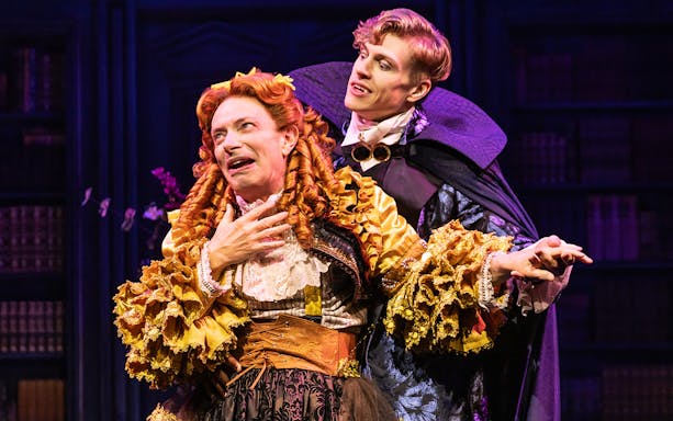Actors in period costumes performing in "Dracula, A Comedy of Terrors" stage play.