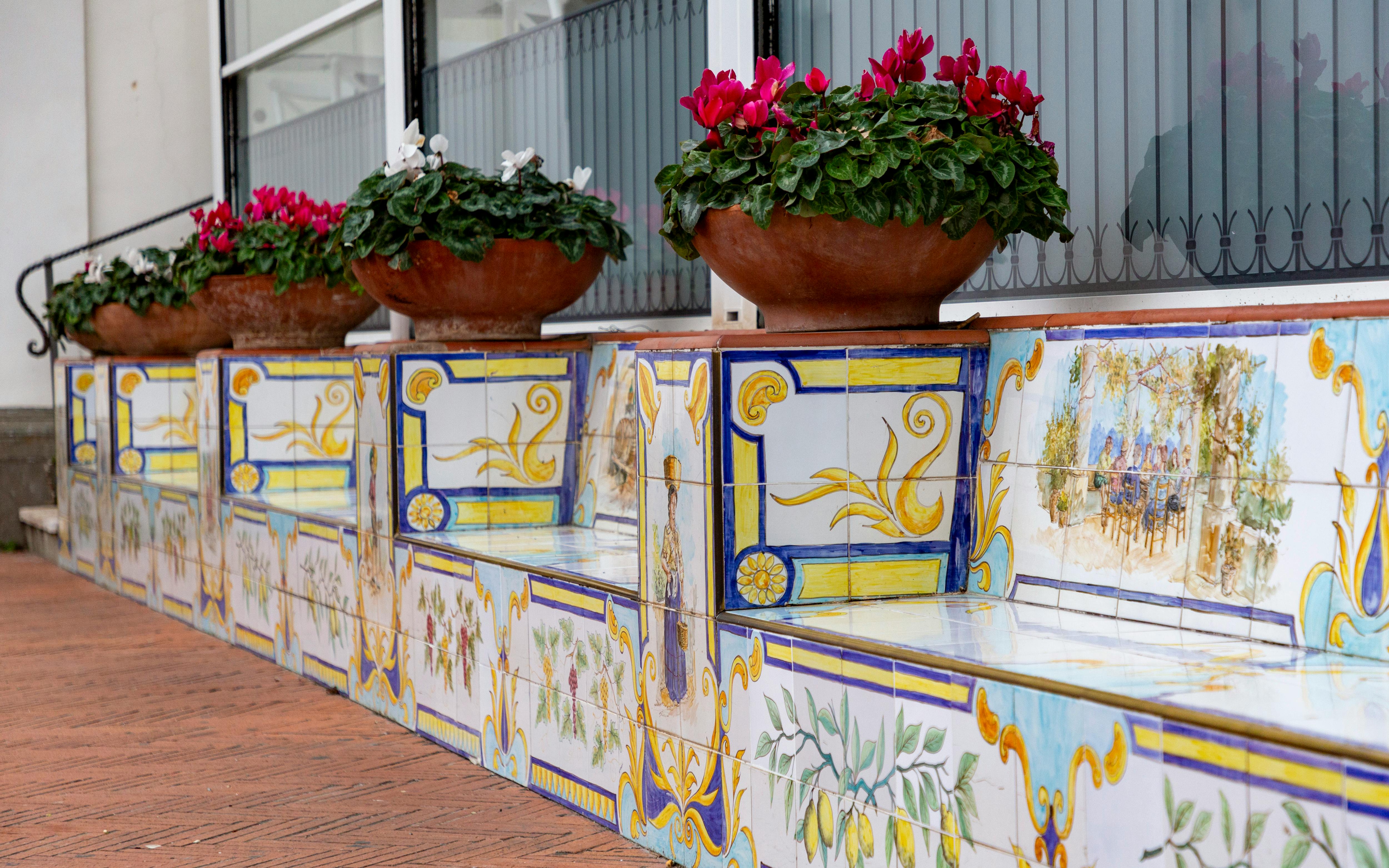 Traditional ceramic benches with floral designs in Anacapri, Capri.