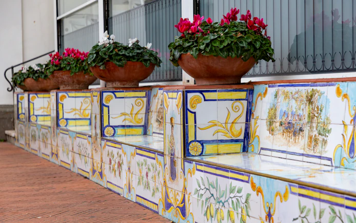 Traditional ceramic benches with floral designs in Anacapri, Capri.