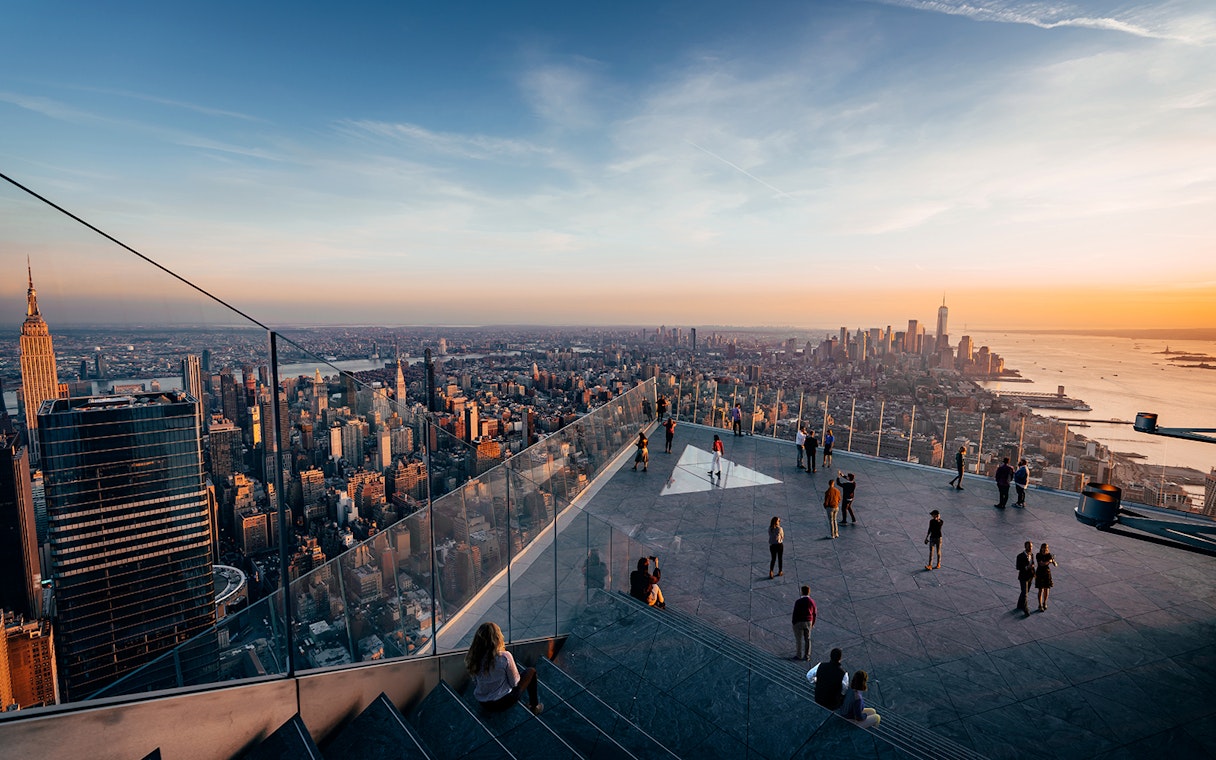 Eastern view of New York City skyline from Edge Observation Deck at sunset.