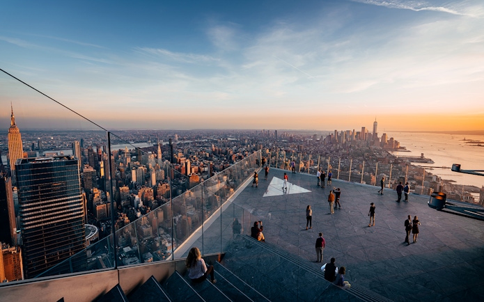 Eastern view of New York City skyline from Edge Observation Deck at sunset.