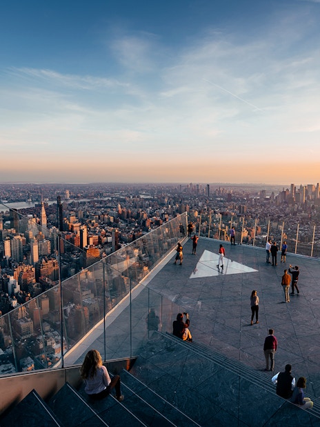 Eastern view of New York City skyline from Edge Observation Deck at sunset.