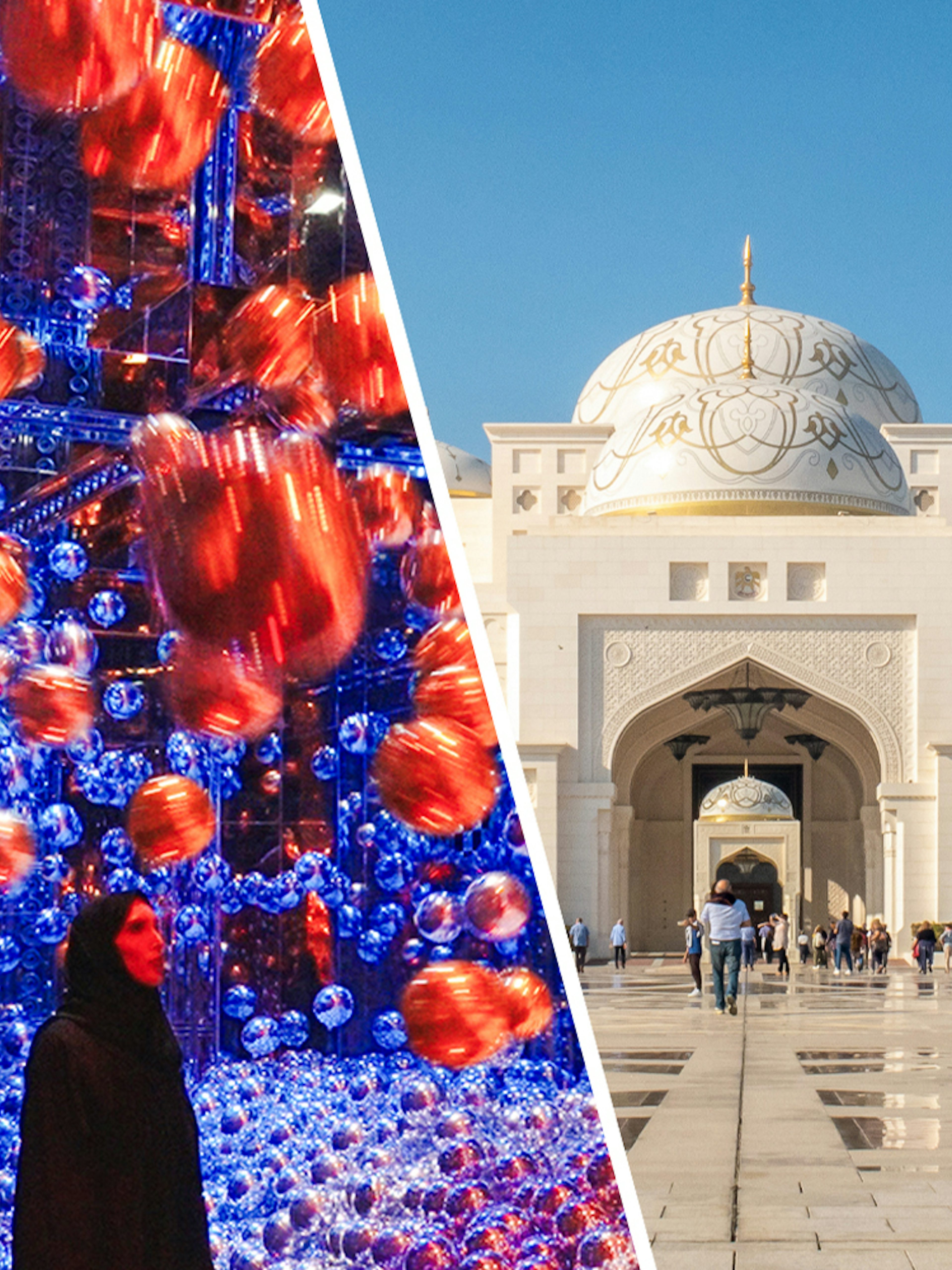 teamLab Phenomena art installation and Qasr Al Watan palace exterior in Abu Dhabi.