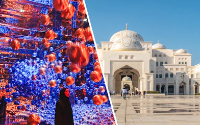 teamLab Phenomena art installation and Qasr Al Watan palace exterior in Abu Dhabi.