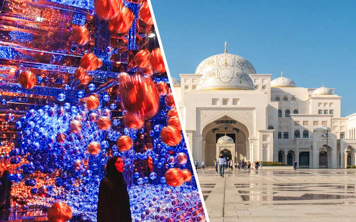 teamLab Phenomena art installation and Qasr Al Watan palace exterior in Abu Dhabi.