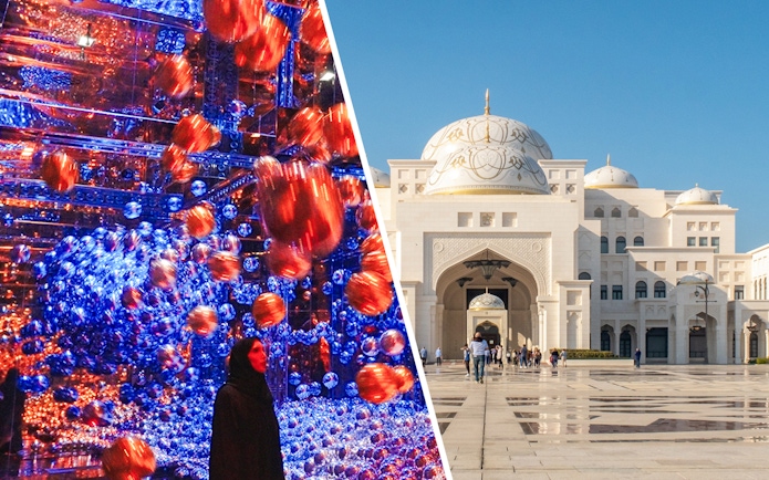 teamLab Phenomena art installation and Qasr Al Watan palace exterior in Abu Dhabi.