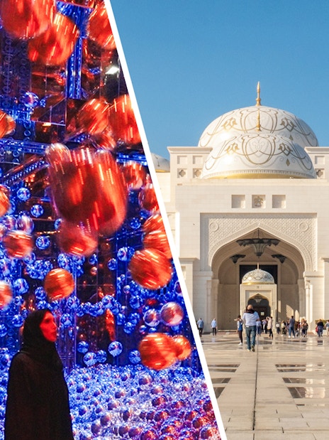 teamLab Phenomena art installation and Qasr Al Watan palace exterior in Abu Dhabi.