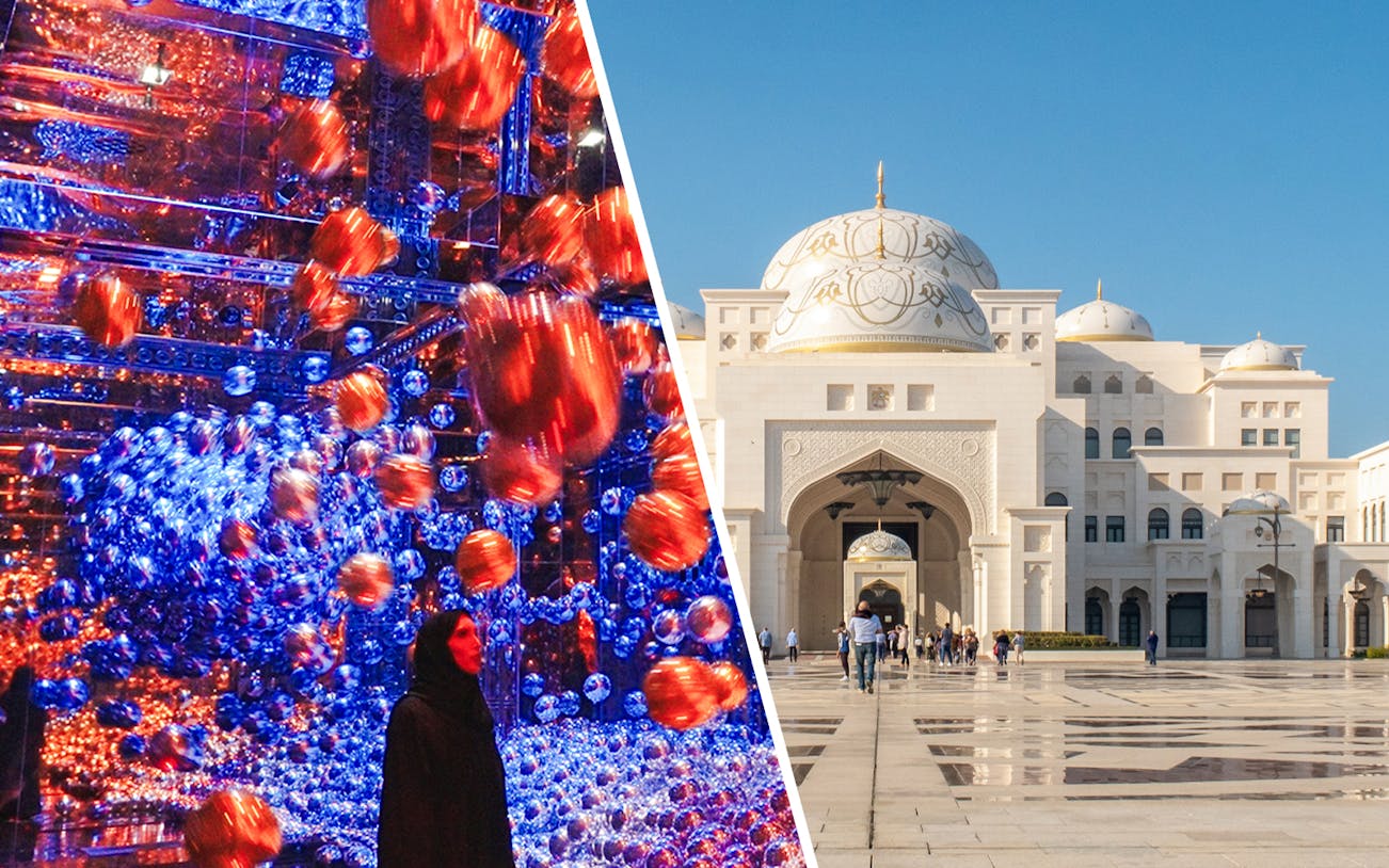 teamLab Phenomena art installation and Qasr Al Watan palace exterior in Abu Dhabi.