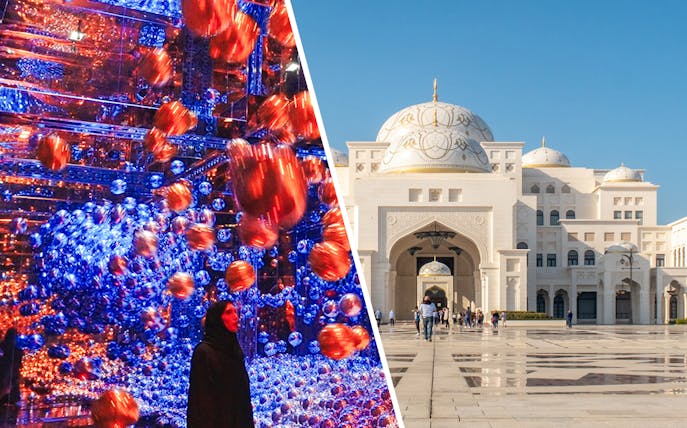teamLab Phenomena art installation and Qasr Al Watan palace exterior in Abu Dhabi.